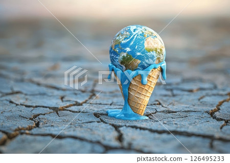 A blue ice cream cone with a blue drizzle on top, global warming climate A blue ice cream cone with a blue drizzle on top, global warming climate 126495233