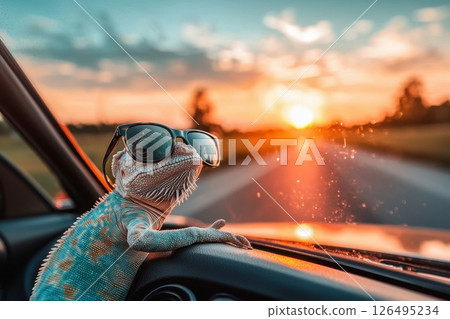 Chill Out with a Stylish Chameleon Wearing Oversized Sunglasses at Sunset 126495234