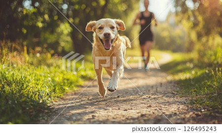 A dog is running on a dirt path with a woman running behind it, happy excited and enjoying the run. Concept of freedom and joy A dog is running on a dirt path with a woman running behind it, happy excited and enjoying the run. Concept of freedom and joy 126495243