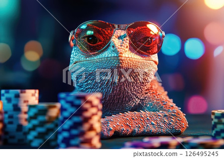 Chameleon Wearing Sunglasses in Colorful Setting Chameleon Wearing Sunglasses in Colorful Setting 126495245