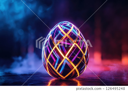 Colorful Neon Egg with Bright Lines and Smoke Background for Creative Designs and Artwork Colorful Neon Egg with Bright Lines and Smoke Background for Creative Designs and Artwork 126495248
