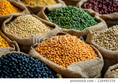 A variety of beans are displayed in different colored bags 126495259