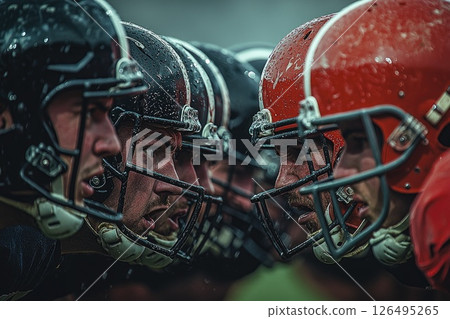Professional American Football Teams Ready at the Line of Scrimmage Under Dramatic Stadium Lighting Professional American Football Teams Ready at the Line of Scrimmage Under Dramatic Stadium Lighting 126495265
