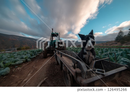 Vintage Rusty Tractor Towing Metal Trailer Through Scenic Landscape with Dog on Board Vintage Rusty Tractor Towing Metal Trailer Through Scenic Landscape with Dog on Board 126495266