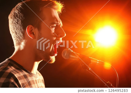 Passionate Speaker in Profile Shot with Bright Light and Intense Expression During Performance Passionate Speaker in Profile Shot with Bright Light and Intense Expression During Performance 126495283