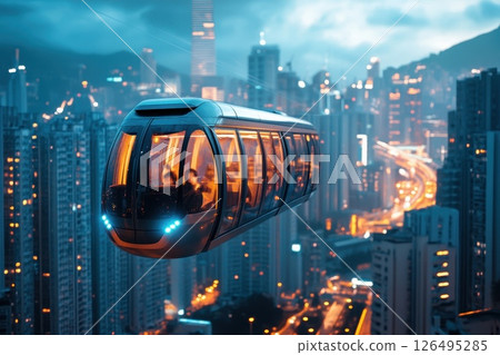 Floating Tram Powered by Magnetic Levitation Over Cityscape at Dusk 126495285