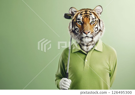 Tiger with Golf Club: Unique Concept of Sports and Nature Combining Animal and Human Features in a Lighthearted and Whimsical Environment Tiger with Golf Club: Unique Concept of Sports and Nature Combining Animal and Human Features in a Lighthearted and Whimsical Environment 126495300