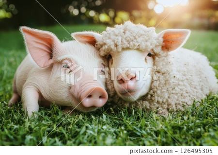 Happy Piglet and Fluffy Sheep Relaxing Together in Lush Green Grass Under Bright Sunlight 126495305