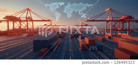 Modern Shipping Yard with Digital World Map Overlay 126495323
