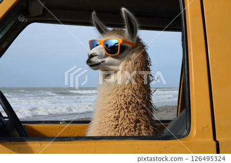 Comical Llama Wearing Bright Mirrored Sunglasses in a Vintage Vehicle by the Ocean Comical Llama Wearing Bright Mirrored Sunglasses in a Vintage Vehicle by the Ocean 126495324