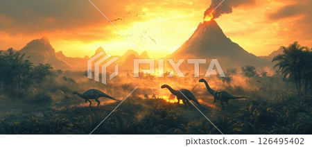 Three dinosaurs are running through a forest near a volcano Three dinosaurs are running through a forest near a volcano 126495402