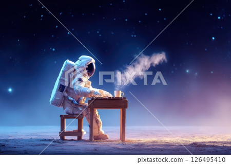 Astronaut in Suit Working Diligently at Wooden Table with Coffee in Cosmic Environment Astronaut in Suit Working Diligently at Wooden Table with Coffee in Cosmic Environment 126495410