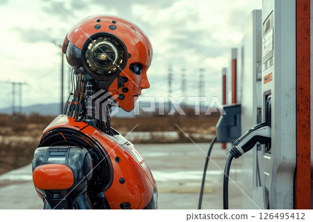 Humanoid Robot Managing Electric Vehicle Charging Station in Futuristic Landscape Humanoid Robot Managing Electric Vehicle Charging Station in Futuristic Landscape 126495412