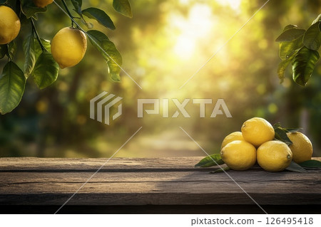 A bunch of lemons are sitting on a wooden table A bunch of lemons are sitting on a wooden table 126495418