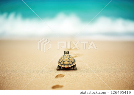Tiny turtle walking on sandy beach with ocean waves in the background Tiny turtle walking on sandy beach with ocean waves in the background 126495419