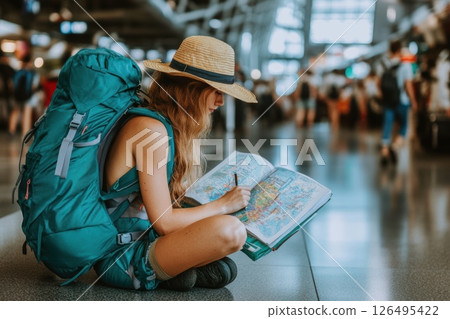 Backpacker Sitting on Airport Floor While Reading Map and Planning Trip 126495422
