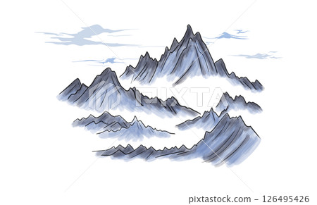 blue mountain landscape with mist and clouds, in traditional Chinese or Japanese ink wash painting style, on white background, mountain landscape 126495426
