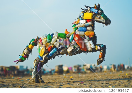 Powerful Galloping Horse Made from Waste Materials in a Desolate Wasteland Setting Powerful Galloping Horse Made from Waste Materials in a Desolate Wasteland Setting 126495437