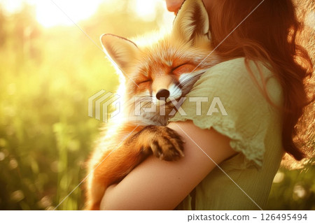 Woman Embracing a Smiling Fox in a Sunlit Outdoor Setting with Golden Light 126495494