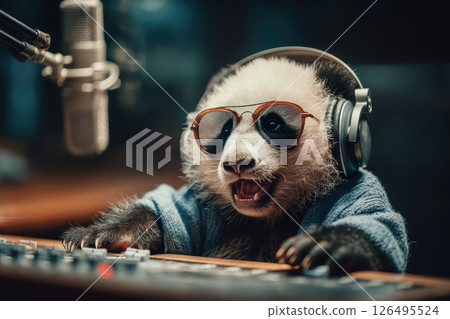 Playful Baby Panda Wearing Oversized Headphones and Sunglasses in a Fun Studio Setting Playful Baby Panda Wearing Oversized Headphones and Sunglasses in a Fun Studio Setting 126495524