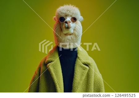 Llama Standing Upright in Casual Corporate Outfit with Sunglasses Against Green Background Llama Standing Upright in Casual Corporate Outfit with Sunglasses Against Green Background 126495525