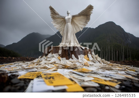 Angelic Sculpture Made from Assembled Plastic Rings and Trash Flyers in Nature 126495535