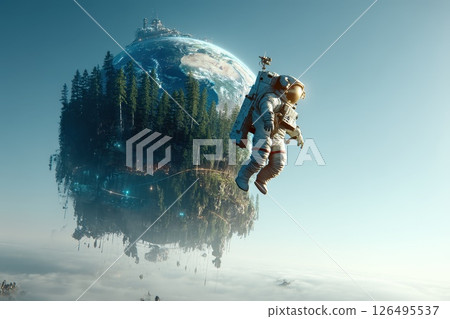 Astronaut Holding a Glowing Earth While Floating in a Dreamlike Atmosphere 126495537