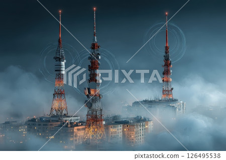 Realistic Aerial View of Broadcasting Facility at Night with Communication Towers in Fog 126495538