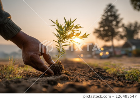 Close Up of Young Hands Planting Tree Seedling at Sunrise in Outdoor Environment 126495547