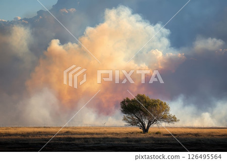 A solitary tree stands in a barren field amidst smoke and ash from a wildfire in nature A solitary tree stands in a barren field amidst smoke and ash from a wildfire in nature 126495564