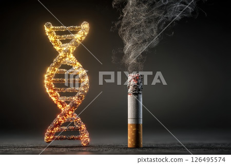 3D Abstract DNA Strand Glowing with Life Next to Burnt Cigarette Smoke Illustration 3D Abstract DNA Strand Glowing with Life Next to Burnt Cigarette Smoke Illustration 126495574