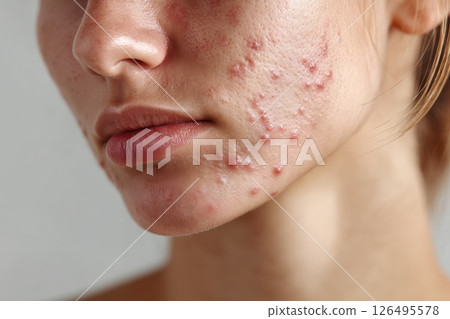 Close Up View of Acne on Facial Skin Showcasing Raw and Natural Textures in Chaotic Condition 126495578