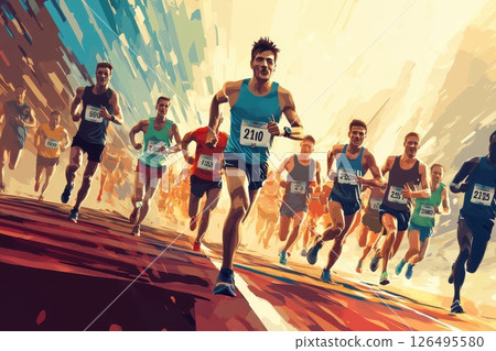Exciting Group of Runners Competing in a Marathon Race with Energetic Finish Line Vibes 126495580