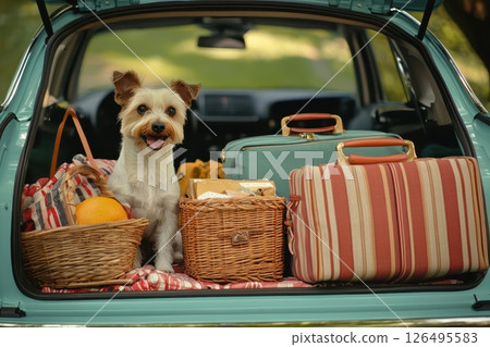 Colorful Luggage and Pet Dog in a Trunk Ready for a Fun Road Trip Adventure Colorful Luggage and Pet Dog in a Trunk Ready for a Fun Road Trip Adventure 126495583