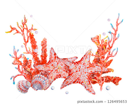 Watercolor composition with two red starfish, seashells and vibrant coral branches, ideal for marine-themed designs, summer invitations, underwater decorations, and ocean-related visuals. Watercolor composition with two red starfish, seashells and vibrant coral branches, ideal for marine-themed designs, summer invitations, underwater decorations, and ocean-related visuals. 126495653