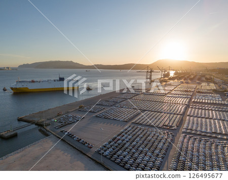 New Cars on Parking Lot and ro-ro Cargo Ship in Port of Setubal. Aerial View 126495677
