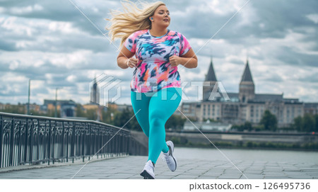 Confident plus-size woman jogging outdoors in an urban setting 126495736