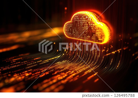 Futuristic Digital Cloud Computing Concept with Streaming Binary Data in Vibrant Orange Glow 126495788