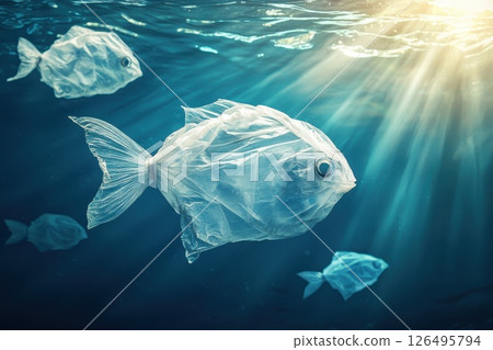 A fish made of plastic bags is swimming in the ocean, Plastic pollution concept, Concern for the environment, Save the ocean A fish made of plastic bags is swimming in the ocean, Plastic pollution concept, Concern for the environment, Save the ocean 126495794