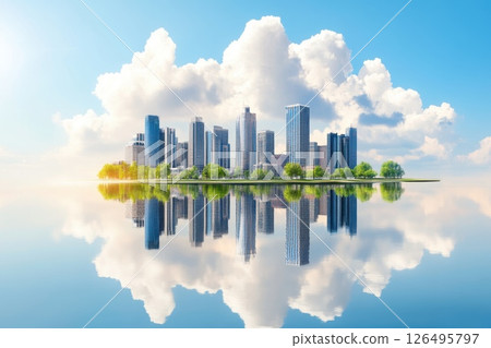Futuristic Cityscape with Reflective Water and Dramatic Cloud Formation Above Futuristic Cityscape with Reflective Water and Dramatic Cloud Formation Above 126495797