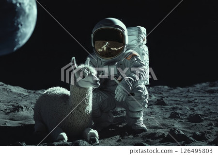 Astronaut with a Fuzzy Llama Companion on the Lunar Surface in a Cosmic Adventure Scene Astronaut with a Fuzzy Llama Companion on the Lunar Surface in a Cosmic Adventure Scene 126495803