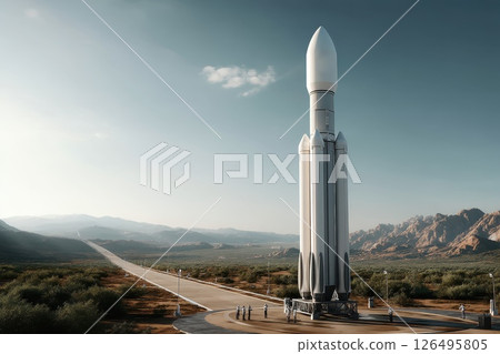 Futuristic Satellite Launch Pad with Technicians Preparing for Upcoming Mission Futuristic Satellite Launch Pad with Technicians Preparing for Upcoming Mission 126495805