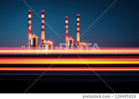 High-Speed Freight Train Moving Through Industrial Landscape at Night Under Bright Lights High-Speed Freight Train Moving Through Industrial Landscape at Night Under Bright Lights 126495819