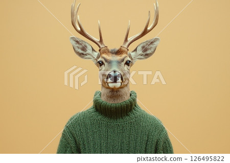 A deer with antlers is wearing a green sweater 126495822