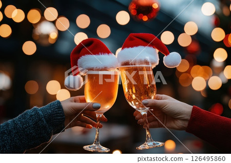 Friends Celebrating with Festive Drinks and Santa Hats Friends Celebrating with Festive Drinks and Santa Hats 126495860