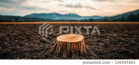 A deforested area with tree stumps and dry soil, contrasting against a distant lush forest, the destructive effects of deforestation on the natural environment 126495861
