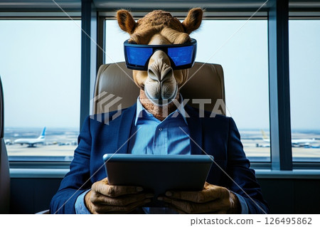 Business Camel Wearing Sunglasses Using Tablet in Airport Lounge 126495862