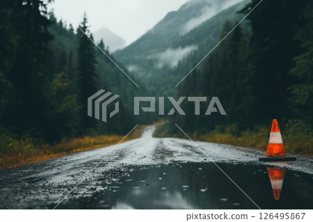 A road with a large orange cone on it A road with a large orange cone on it 126495867