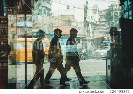 Silhouetted Figures Walking Through Urban Street Reflected in Glass Windows in Daylight 126495871