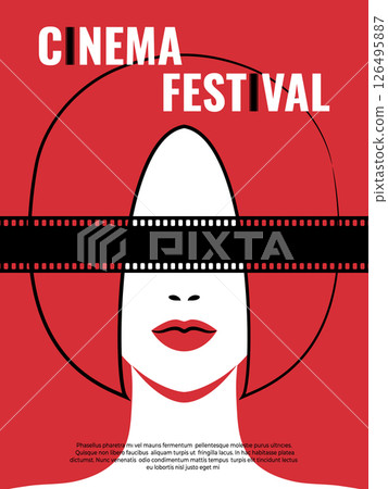 Cinema festival minimalist poster design. Woman with filmstrip covering her eyes. Film festival flyer. Vector illustration 126495887
